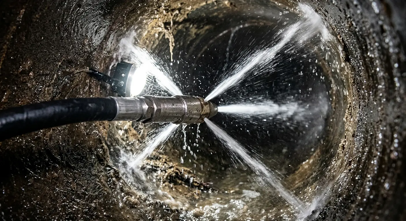 High-pressure hydro jetting nozzle cleaning sewer pipe for Trenchless Sewer Repair in Vidalia