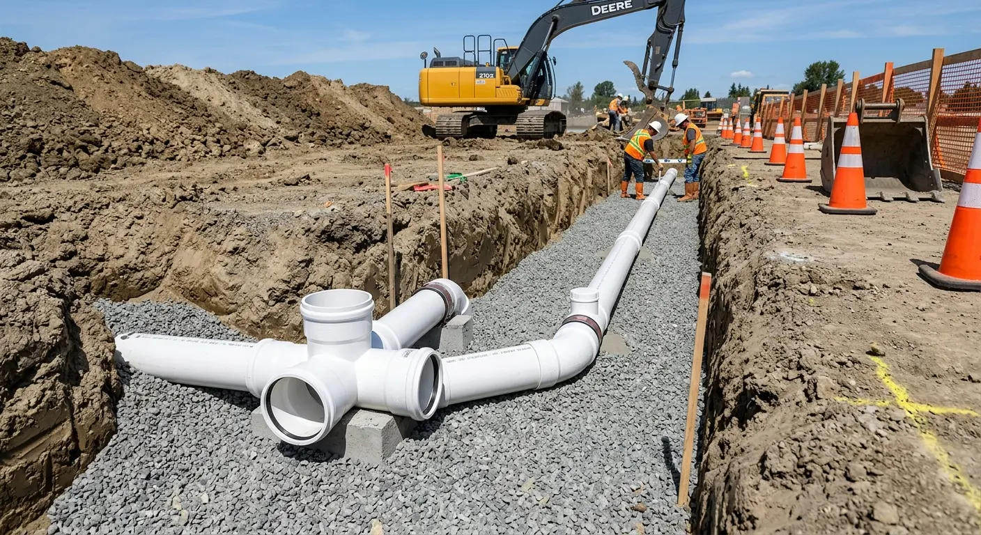 New PVC sewer pipe installation in open trench for Commercial Drain Cleaning in Vidalia