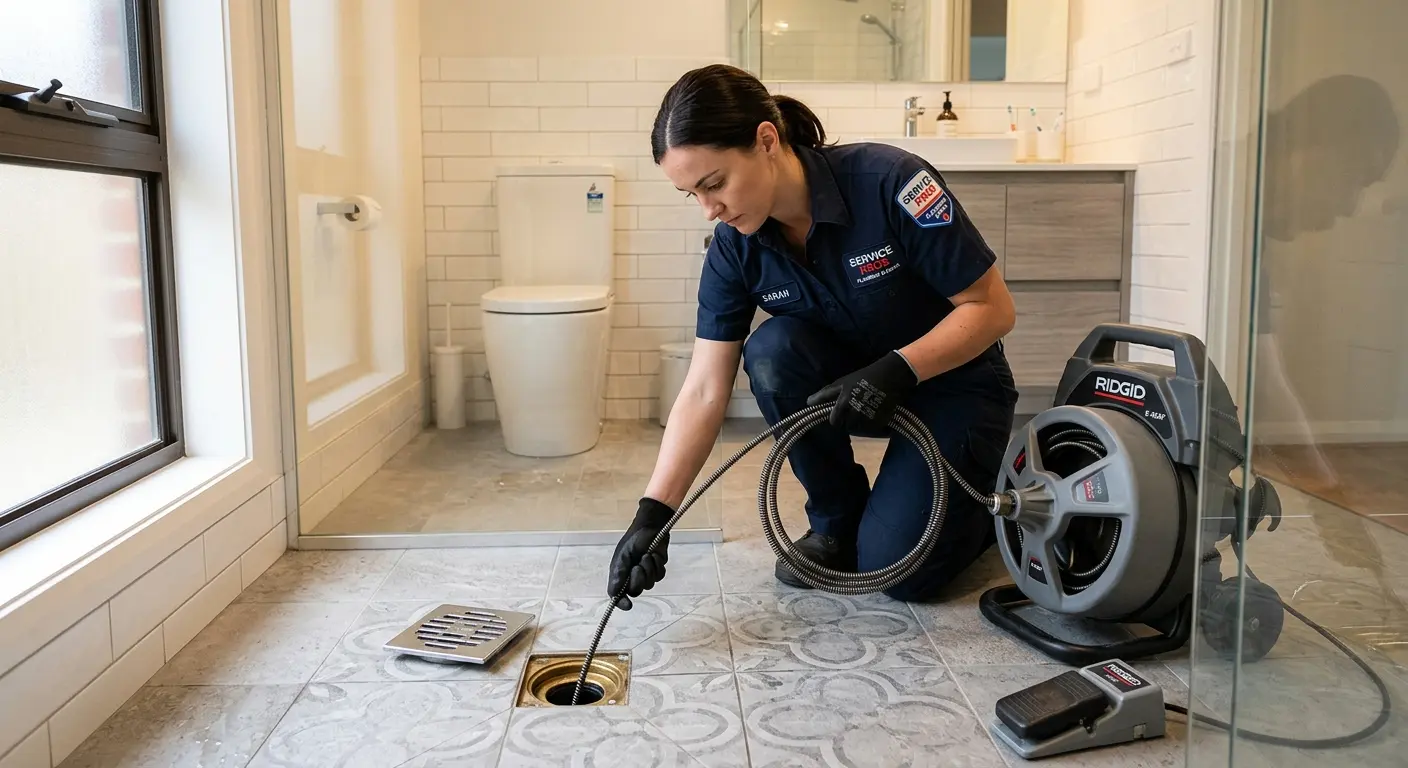 Technician clearing a bathroom floor drain for Drain Cleaning in Vidalia